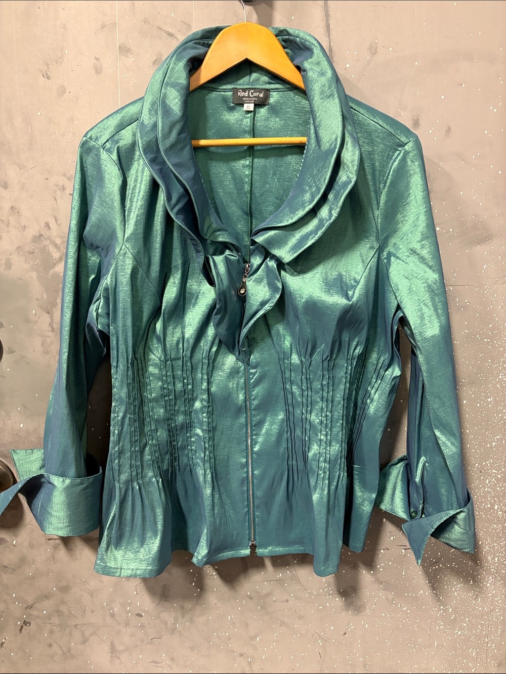 Shimmery Whimsigoth Teal Ruffled Zip Jacket